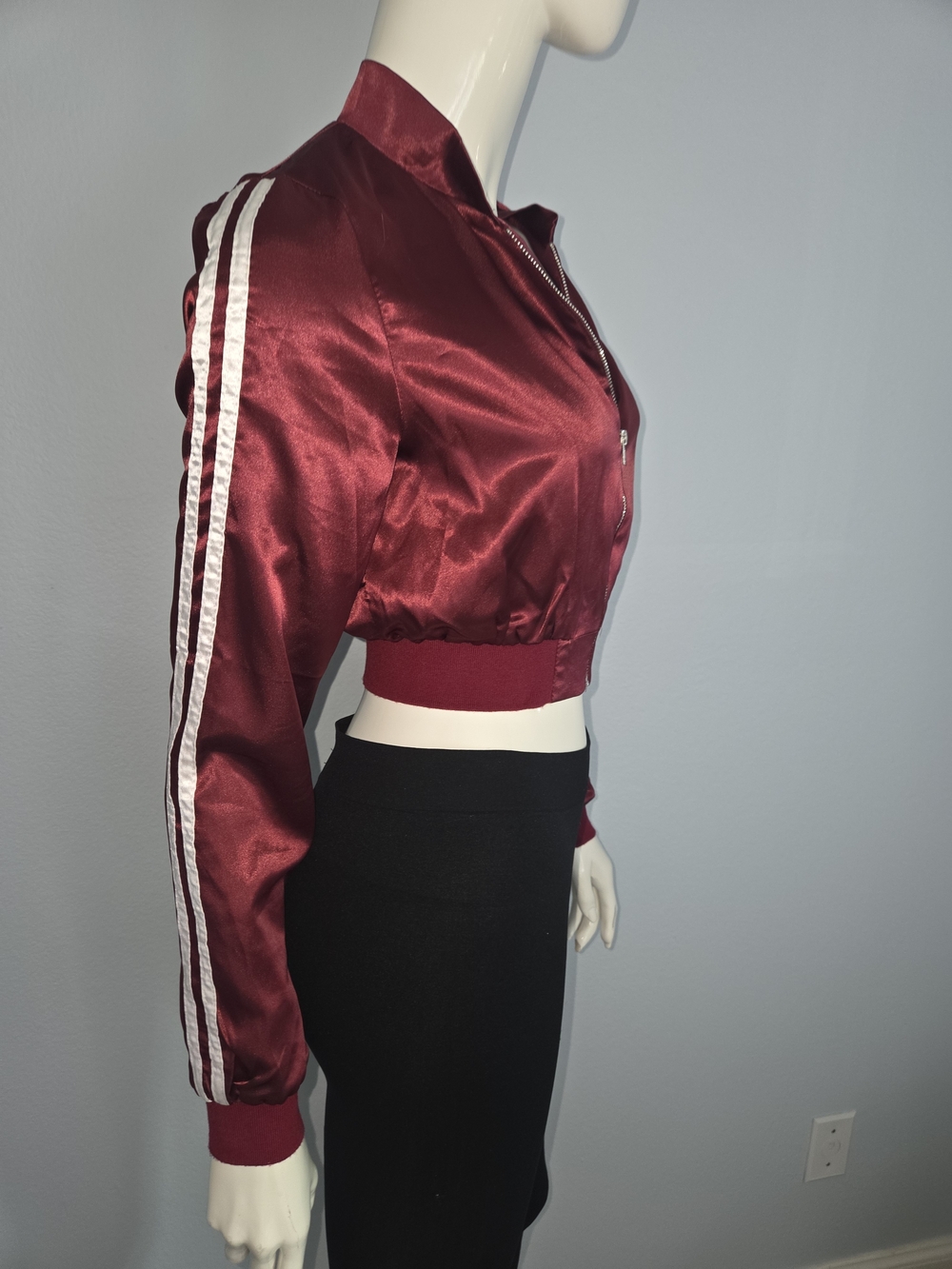 Meshki Dark Red Cropped Satin Zip Front Jacket Small